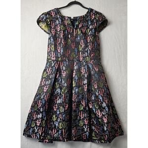 NWT Modcloth Jacquard Cactus Flare Dress Black Metallic Pink/Blue/Green Size 14